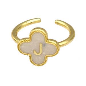 Copper Clover Rings Letter-J Painted Gold Plated, approx 13mm, 18mm dia