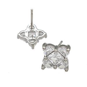Copper Stud Earrings Micro Pave Zirconia Flower Platinum Plated, approx 9mm