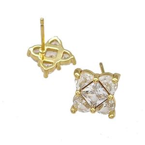 Copper Stud Earrings Micro Pave Zirconia Flower Gold Plated, approx 11mm