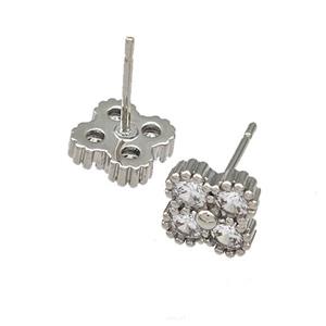 Copper Stud Earrings Micro Pave Zirconia Flower Platinum Plated, approx 8mm