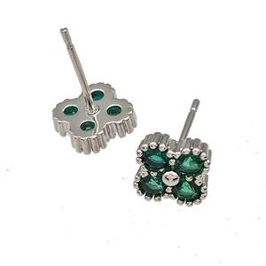 Copper Stud Earrings Micro Pave Green Zirconia Flower Platinum Plated, approx 8mm