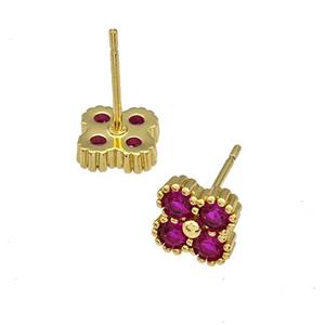 Copper Stud Earrings Micro Pave Zirconia Flower Gold Plated, approx 8mm