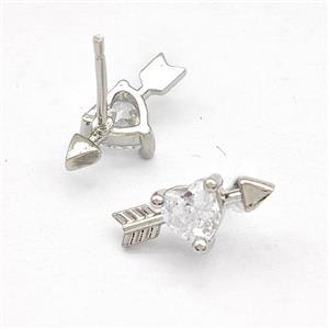 Copper Stud Earrings Pave Zircon Cupids Arrow Heart Platinum Plated, approx 6-14mm