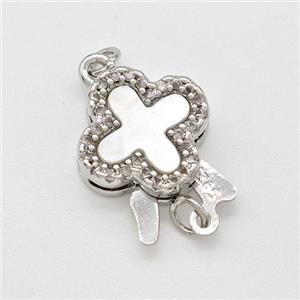 Copper Slider Clasp Pave Shell Zirconia Clover Platinum Plated, approx 12mm