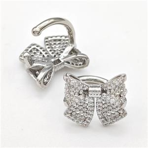 Copper Bow Clip Earrings Pave Zirconia Platinum Plated, approx 13-14mm, 13mm dia