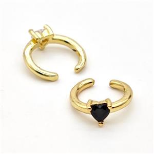Copper Clip Earrings Pave Black Crystal Glass Heart Gold Plated, approx 4mm, 14mm dia