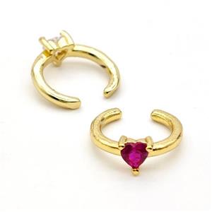 Copper Clip Earrings Pave Fuchsia Crystal Glass Heart Gold Plated, approx 4mm, 14mm dia