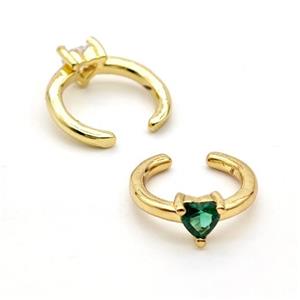 Copper Clip Earrings Pave Green Crystal Glass Heart Gold Plated, approx 4mm, 14mm dia