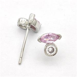 Copper Stud Earrings Pave Pink Zirconia Eye Platinum Plated, approx 7mm