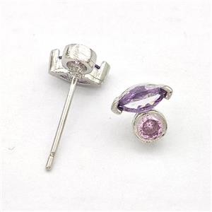 Copper Stud Earrings Pave Purple Zirconia Eye Platinum Plated, approx 7mm