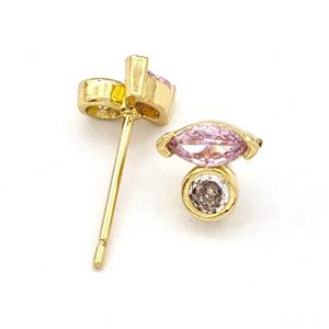 Copper Stud Earrings Pave Pink Zirconia Eye Gold Plated, approx 7mm
