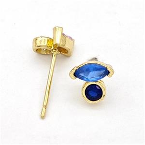 Copper Stud Earrings Pave Blue Zirconia Eye Gold Plated, approx 7mm