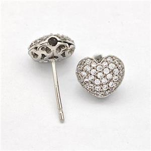 Copper Stud Earrings Pave Zirconia Heart Platinum Plated, approx 9mm
