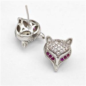 Copper Stud Earrings Pave Zirconia Fox Platinum Plated, approx 11-13mm