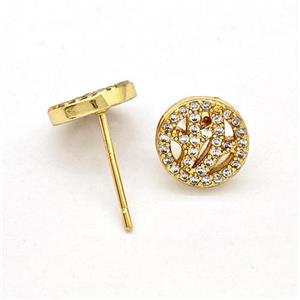 Copper Stud Earrings Pave Zirconia Circle Gold Plated, approx 9mm