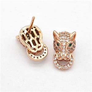 Copper Stud Earrings Pave Zirconia Leopard Rose Gold, approx 8-13.5mm