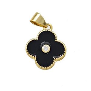 Copper Clover Pendant Pave Zirconia Black Enamel Gold Plated, approx 13.5mm