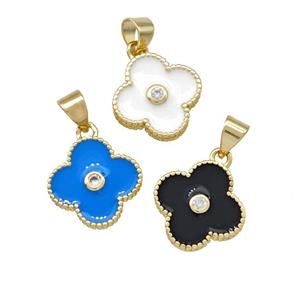Copper Clover Pendant Pave Zirconia Enamel Gold Plated Mixed, approx 13.5mm