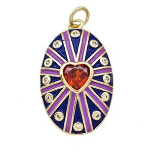 Copper Oval Pendant Pave Red Zirconia Heart Blue Enamel Gold Plated, approx 16-23mm