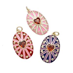 Copper Oval Pendant Pave Red Zirconia Heart Enamel Gold Plated Mixed, approx 16-23mm