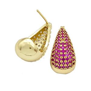 Copper Teardrop Stud Earrings Micro Pave Fuchsia Zirconia Gold Plated, approx 11-20mm