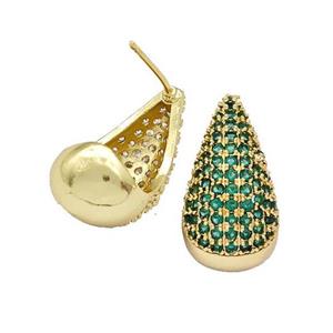 Copper Teardrop Stud Earrings Micro Pave Green Zirconia Hollow Gold Plated, approx 11-20mm
