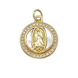 Jesus Charms Copper Circle Pendant Pave Shell Zirconia 18K Gold Plated, approx 15.5mm