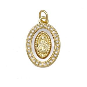 Virgin Mary Charms Copper Oval Pendant Pave Shell Zirconia 18K Gold Plated, approx 13-17mm