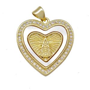 Virgin Mary Charms Copper Heart Pendant Pave Shell Zirconia 18K Gold Plated, approx 22mm