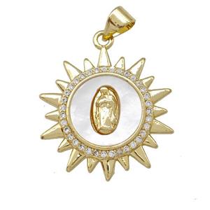 Jesus Charms Copper Sun Pendant Pave Shell Zirconia 18K Gold Plated, approx 22mm