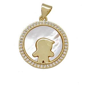 Kids Boy Charms Copper Circle Pendant Pave Shell Zirconia 18K Gold Plated, approx 19mm
