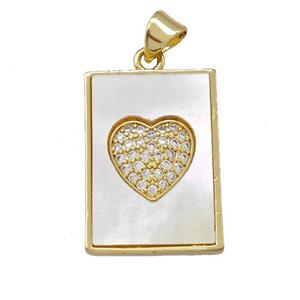Copper Rectangle Pendant Pave Shell Zirconia Heart 18K Gold Plated, approx 15-22mm