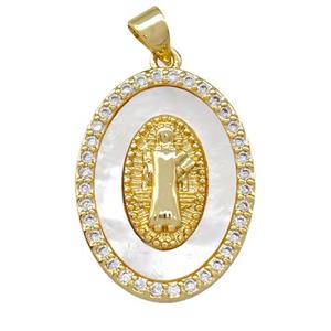 Jesus Charms Copper Oval Pendant Pave Shell Zirconia 18K Gold Plated, approx 18-25mm