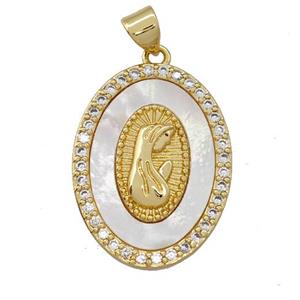 Virgin Mary Charms Copper Oval Pendant Pave Shell Zirconia Prayer 18K Gold Plated, approx 18-25mm