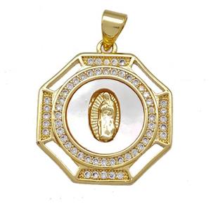 Jesus Charms Copper Octangle Pendant Pave Shell Zirconia 18K Gold Plated, approx 20mm