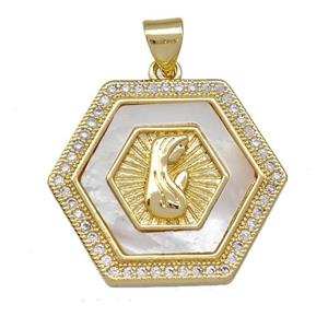 Virgin Mary Prayer Copper Hexagon Pendant Pave Shell Zirconia 18K Gold Plated, approx 21-24mm