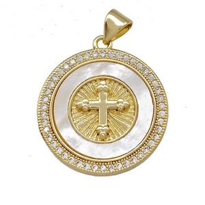 Copper Circle Pendant Pave Shell Zirconia Cross 18K Gold Plated, approx 22mm