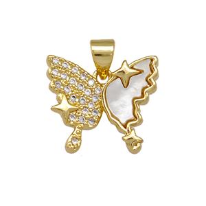 Copper Butterfly Pendant Pave Shell Zirconia 18K Gold Plated, approx 14-16mm