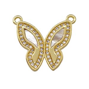 Copper Butterfly Pendant Pave Shell Zirconia 2loops 18K Gold Plated, approx 16-17mm