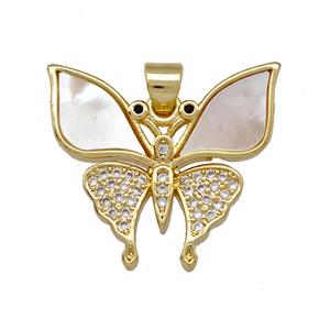 Copper Butterfly Pendant Pave Shell Zirconia 18K Gold Plated, approx 20-22mm