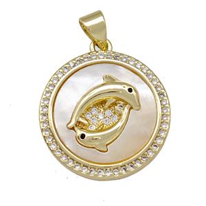 Dolphin Charms Copper Circle Pendant Pave Shell Zirconia 18K Gold Plated, approx 20mm