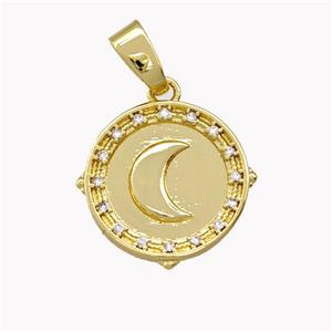 Copper Circle Pendant Pave Zirconia Moon Gold Plated, approx 15mm
