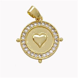 Copper Circle Pendant Pave Zirconia Heart Gold Plated, approx 16mm