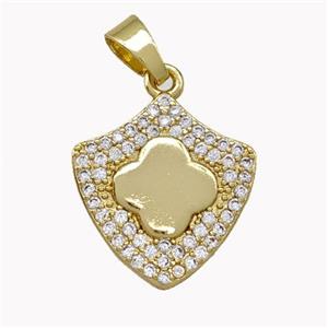 Copper Shield Pendant Micro Pave Zirconia Clover Gold Plated, approx 17-18mm