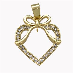 Copper Heart Pendant Pave Zirconia Bow Gold Plated, approx 18-20mm
