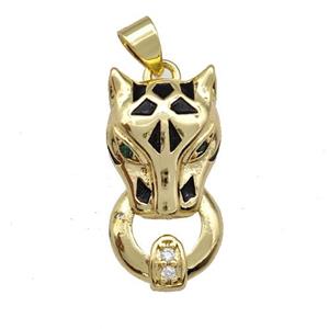 Copper Leopard Pendant Pave Zirconia Black Enamel Gold Plated, approx 11-20mm