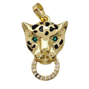 Copper Leopard Pendant Pave Zirconia Black Enamel Gold Plated, approx 16-20mm