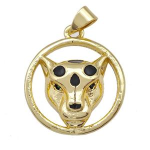 Copper Leopard Pendant Pave Zirconia Black Enamel Gold Plated, approx 20mm