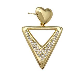 Copper Triangle Stud Earrings Pave Zirconia Heart Gold Plated, approx 13mm, 26-30mm