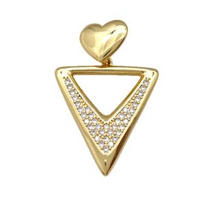 Copper Triangle Pendant Pave Zirconia Heart Gold Plated, approx 13mm, 26-30mm